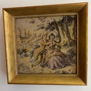 VNTG Victorian Rococo Framed Gobelin Tapestry Pastoral Scene Gold Frame